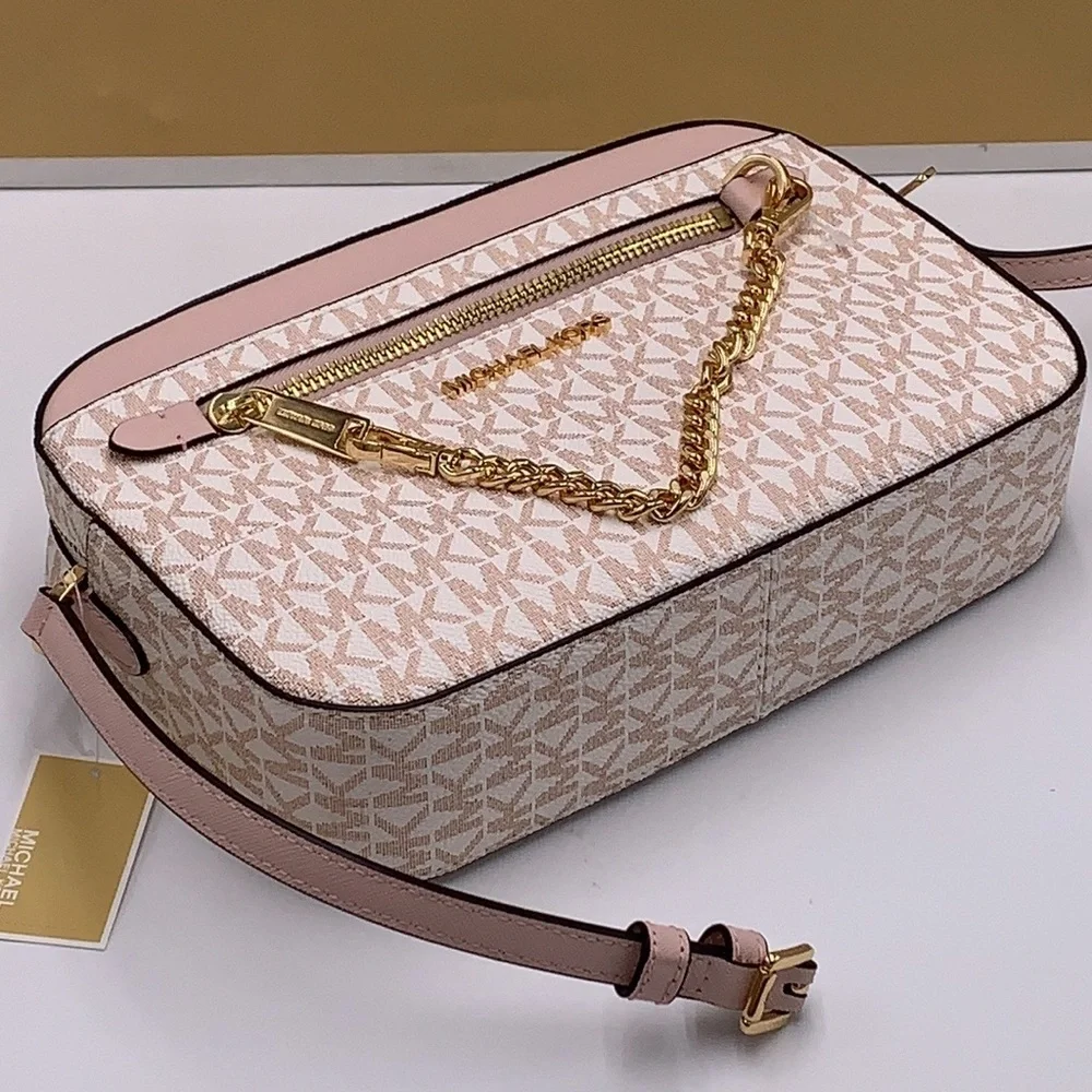 MICHAEL KORS LARGE EAST WEST ZIP CHAIN XBODY OPTIC WHITE ROSE GOLD COLOR